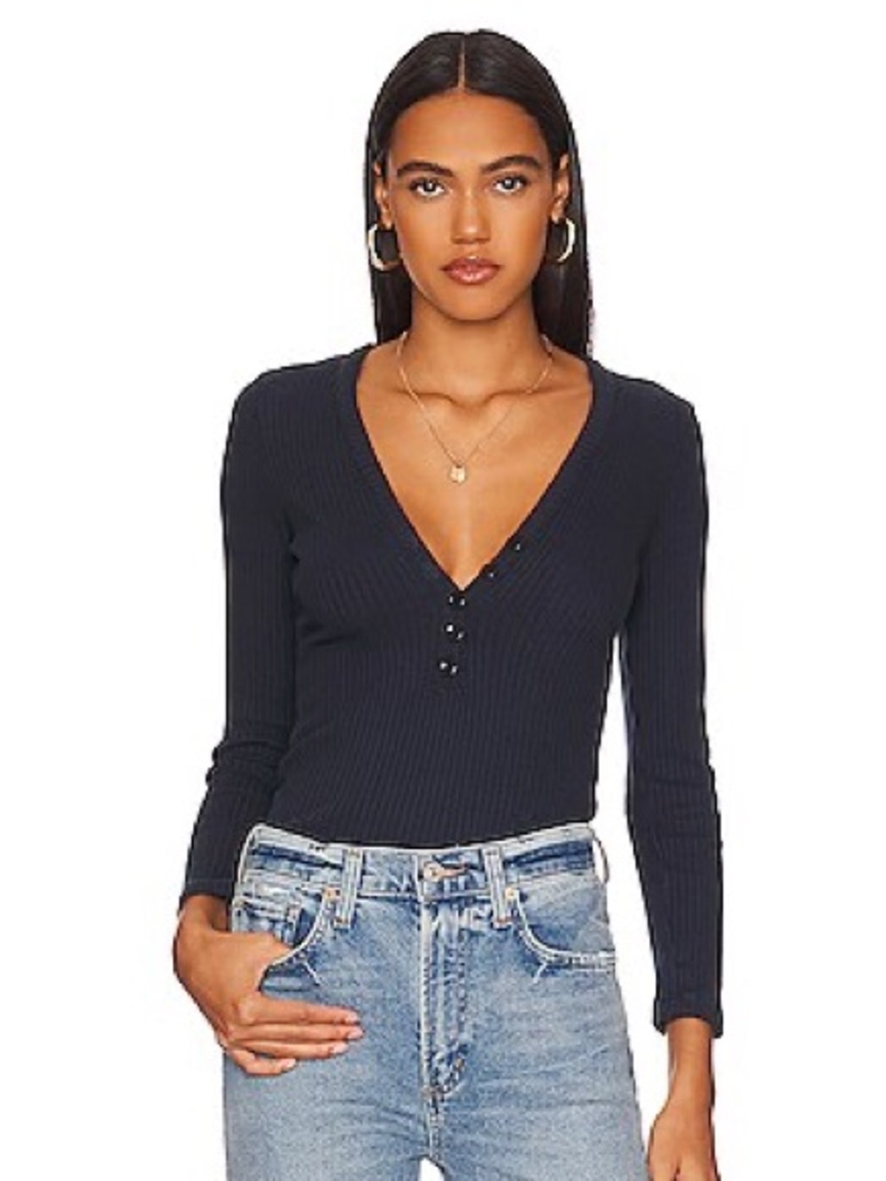 NWT Citizens of Humanity Ribbed Henley Long Sleeve Navy | Women’s Size M